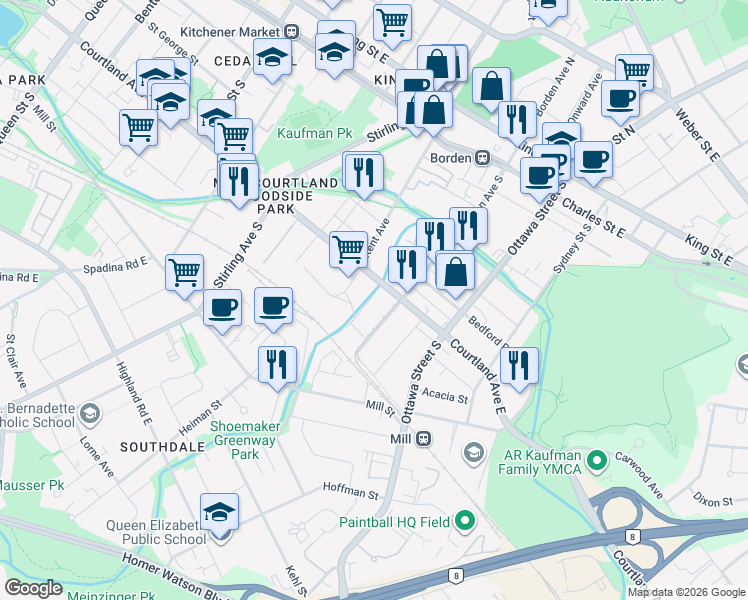 map of restaurants, bars, coffee shops, grocery stores, and more near 321 Courtland Avenue East in Kitchener