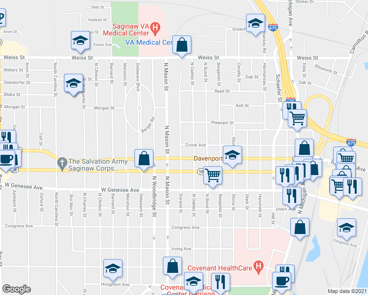 map of restaurants, bars, coffee shops, grocery stores, and more near 2220 Durand Street in Saginaw