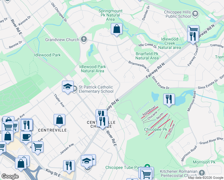 map of restaurants, bars, coffee shops, grocery stores, and more near 10 Zeffer Place in Kitchener