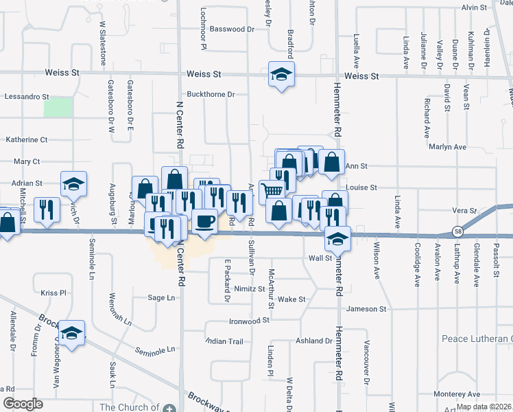 map of restaurants, bars, coffee shops, grocery stores, and more near 2111 Anderson Road in Saginaw