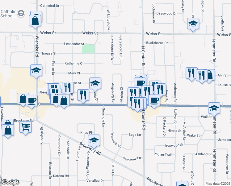 map of restaurants, bars, coffee shops, grocery stores, and more near 2080 Augsburg Street in Saginaw