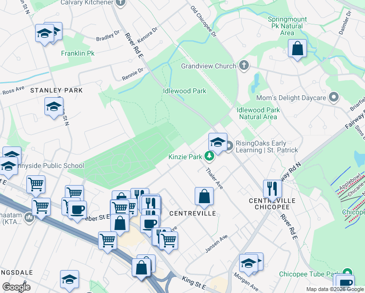 map of restaurants, bars, coffee shops, grocery stores, and more near 5 Thaler Avenue in Kitchener