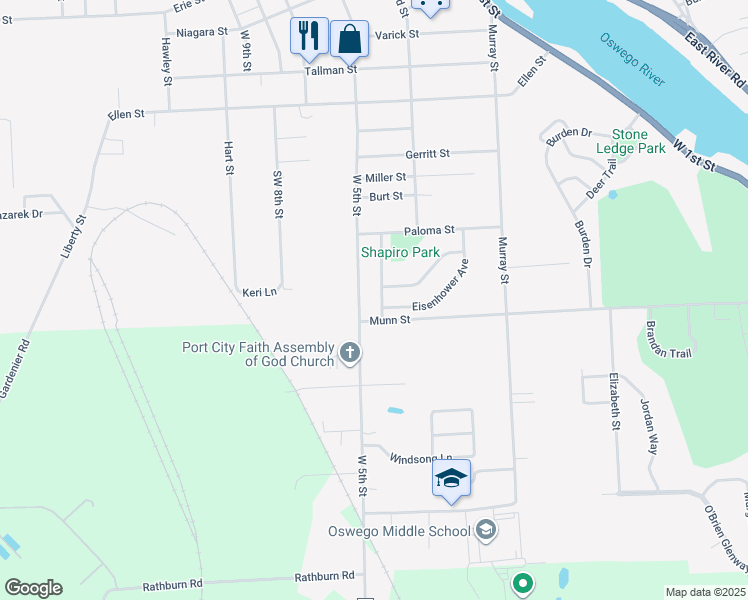 map of restaurants, bars, coffee shops, grocery stores, and more near 58 Kennedy Avenue in Oswego