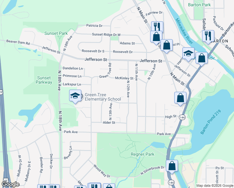 map of restaurants, bars, coffee shops, grocery stores, and more near 1314 Wayne Road in West Bend