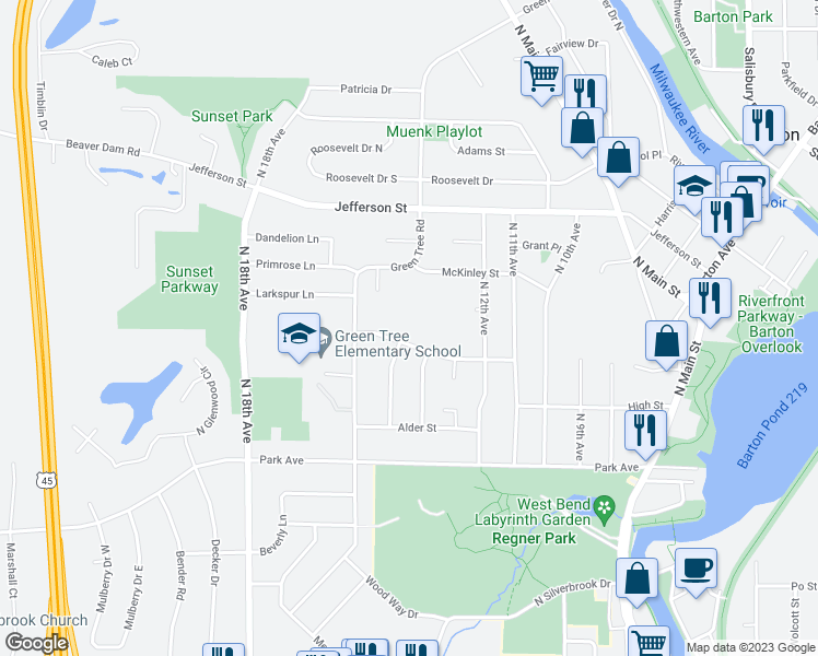 map of restaurants, bars, coffee shops, grocery stores, and more near 1366 Wayne Road in West Bend