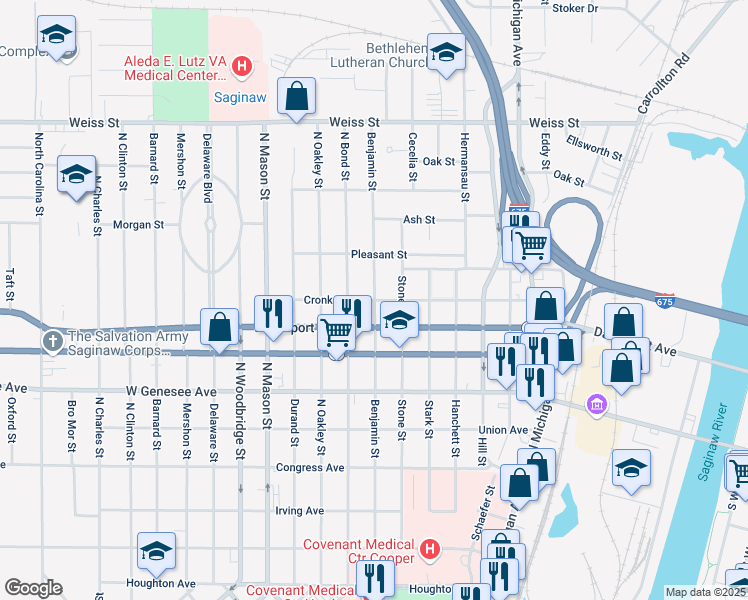 map of restaurants, bars, coffee shops, grocery stores, and more near 1100 Cronk Avenue in Saginaw
