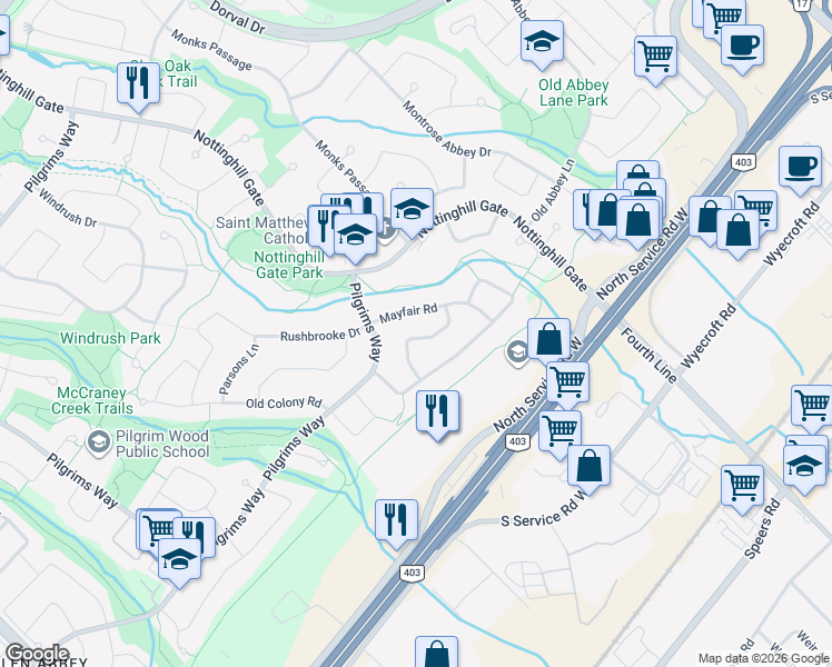 map of restaurants, bars, coffee shops, grocery stores, and more near 1108 Mayfair Road in Oakville