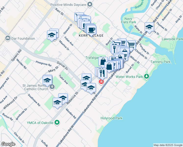 map of restaurants, bars, coffee shops, grocery stores, and more near 169 Maurice Drive in Oakville