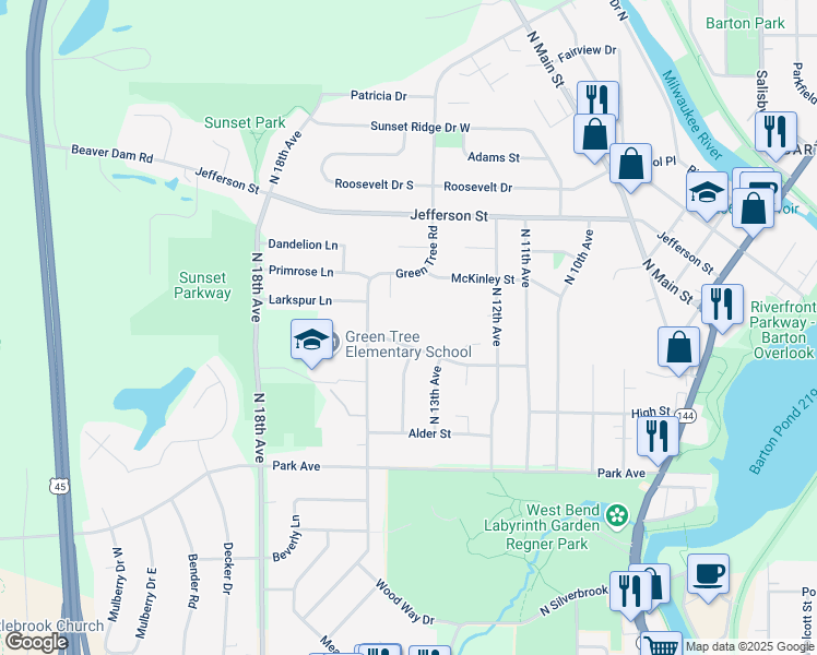 map of restaurants, bars, coffee shops, grocery stores, and more near 1364 Wayne Road in West Bend