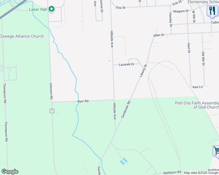 map of restaurants, bars, coffee shops, grocery stores, and more near 208 Hillside Ave in Oswego