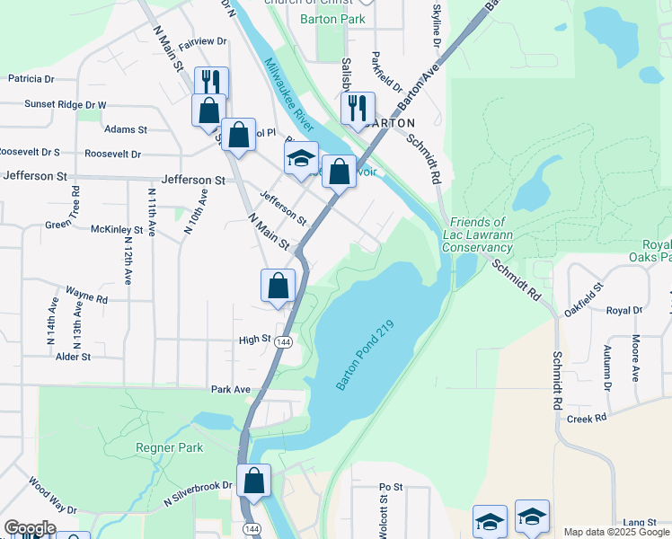 map of restaurants, bars, coffee shops, grocery stores, and more near 1385 North Main Street in West Bend