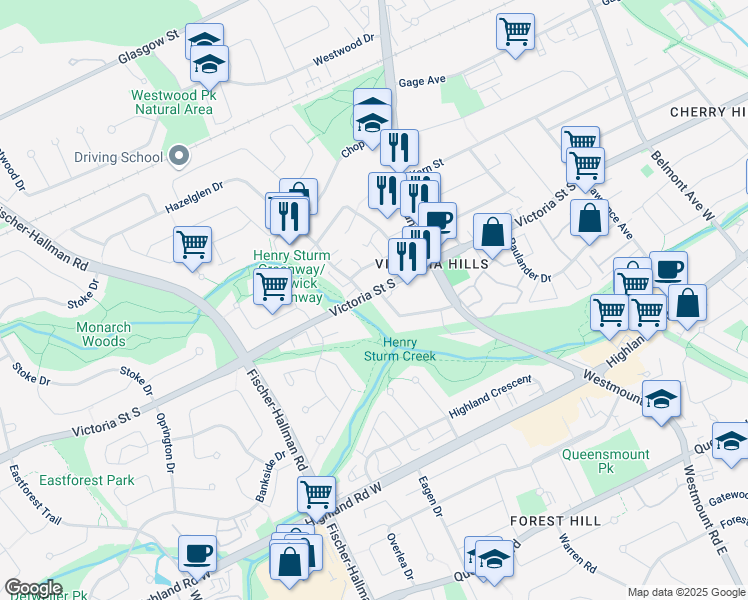 map of restaurants, bars, coffee shops, grocery stores, and more near in Kitchener