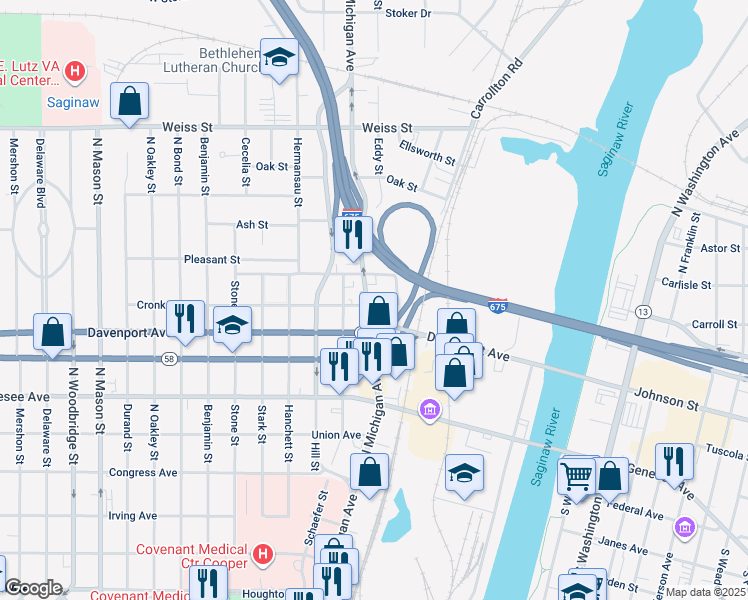 map of restaurants, bars, coffee shops, grocery stores, and more near 2308 North Michigan Avenue in Saginaw