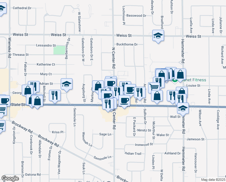 map of restaurants, bars, coffee shops, grocery stores, and more near 2135 North Center Road in Saginaw