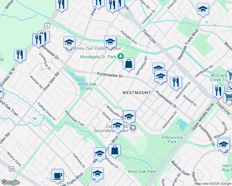 map of restaurants, bars, coffee shops, grocery stores, and more near 2247 Foxfield Road in Oakville