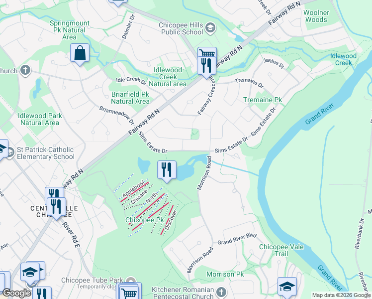 map of restaurants, bars, coffee shops, grocery stores, and more near 159 Sims Estate Drive in Kitchener
