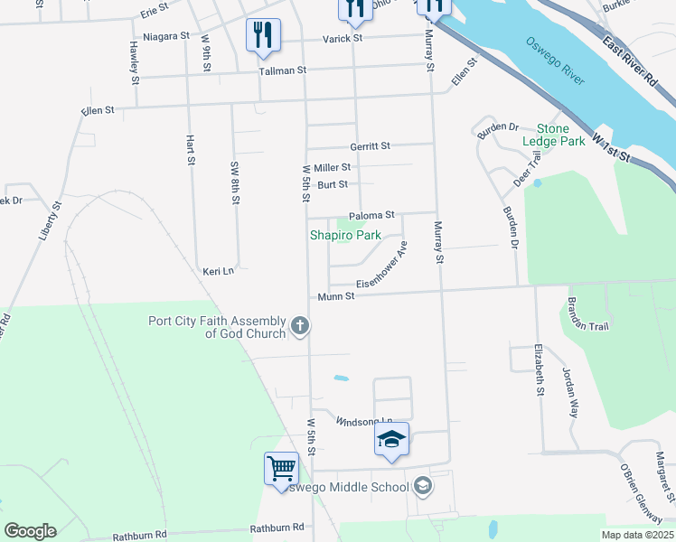 map of restaurants, bars, coffee shops, grocery stores, and more near 58 Kennedy Avenue in Oswego