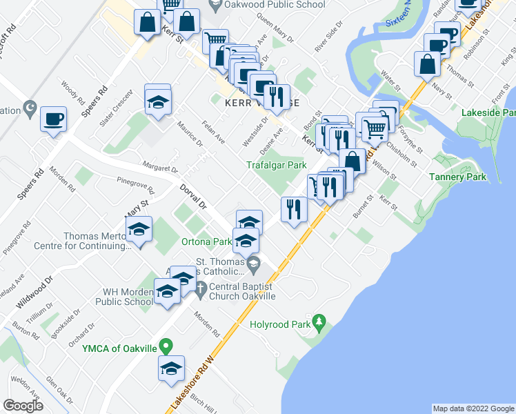 map of restaurants, bars, coffee shops, grocery stores, and more near 172 Maurice Drive in Oakville