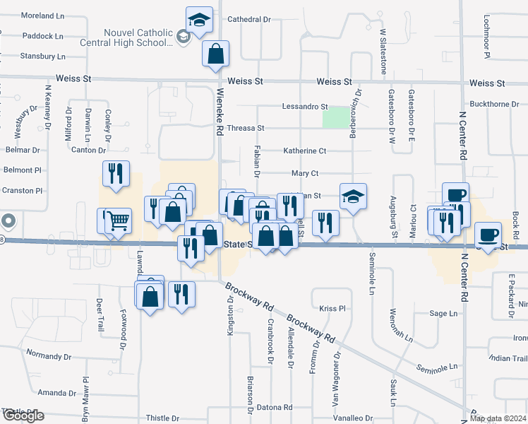 map of restaurants, bars, coffee shops, grocery stores, and more near 5610 George Street in Saginaw