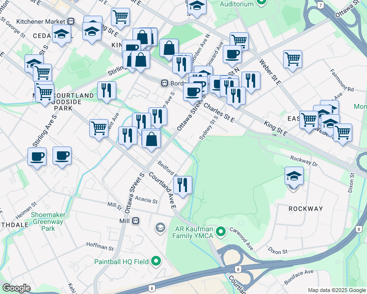 map of restaurants, bars, coffee shops, grocery stores, and more near 32 Nyberg Street in Kitchener