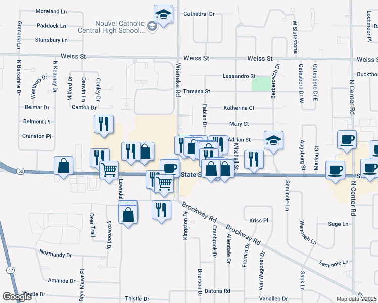 map of restaurants, bars, coffee shops, grocery stores, and more near 5696 George Street in Saginaw