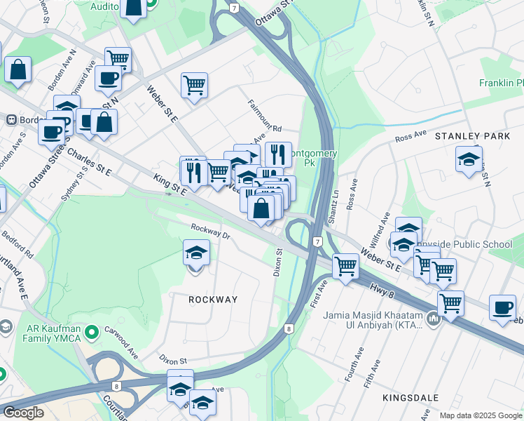 map of restaurants, bars, coffee shops, grocery stores, and more near 801 Weber Street East in Kitchener