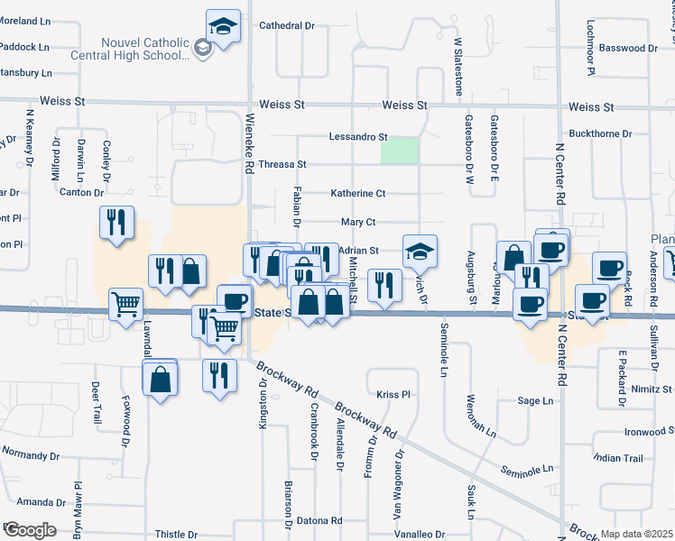 map of restaurants, bars, coffee shops, grocery stores, and more near 5538 George Street in Saginaw