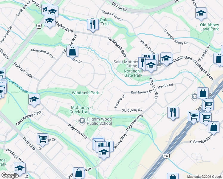 map of restaurants, bars, coffee shops, grocery stores, and more near 1219 Rushbrooke Drive in Oakville