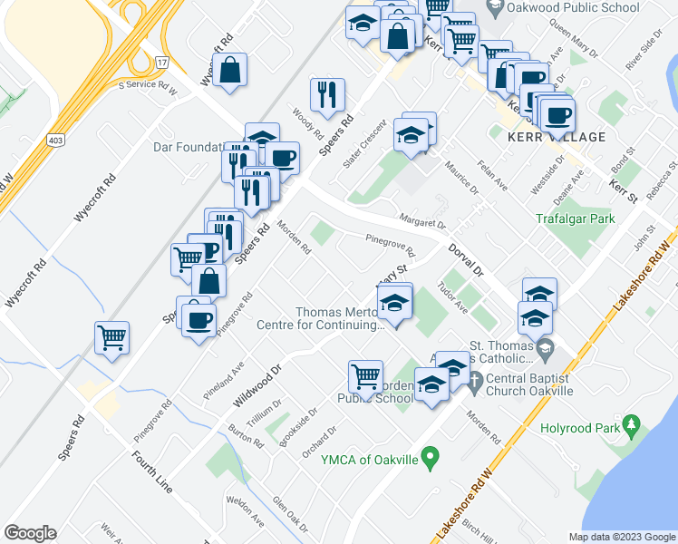 map of restaurants, bars, coffee shops, grocery stores, and more near 341 Morden Road in Oakville