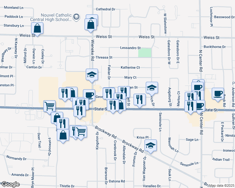 map of restaurants, bars, coffee shops, grocery stores, and more near 5538 George Street in Saginaw