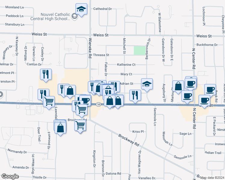 map of restaurants, bars, coffee shops, grocery stores, and more near 5610 George Street in Saginaw