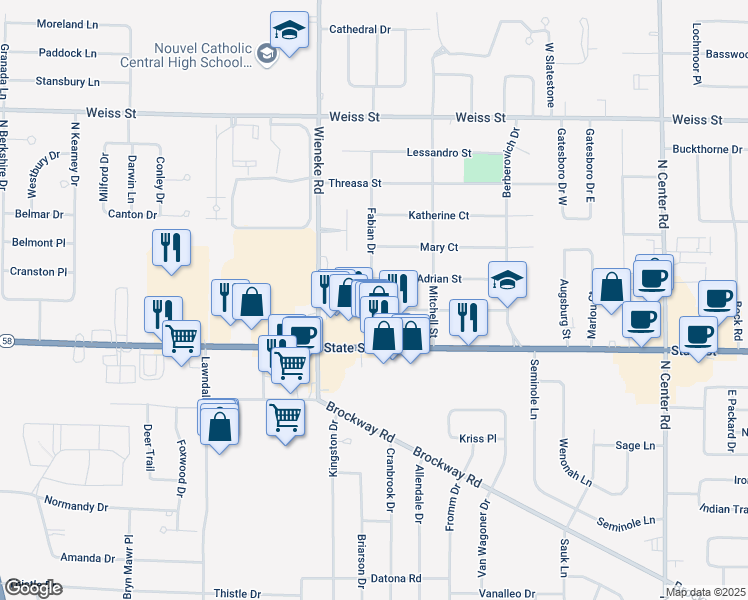 map of restaurants, bars, coffee shops, grocery stores, and more near 5610 George Street in Saginaw