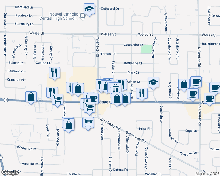 map of restaurants, bars, coffee shops, grocery stores, and more near 5696 George Street in Saginaw
