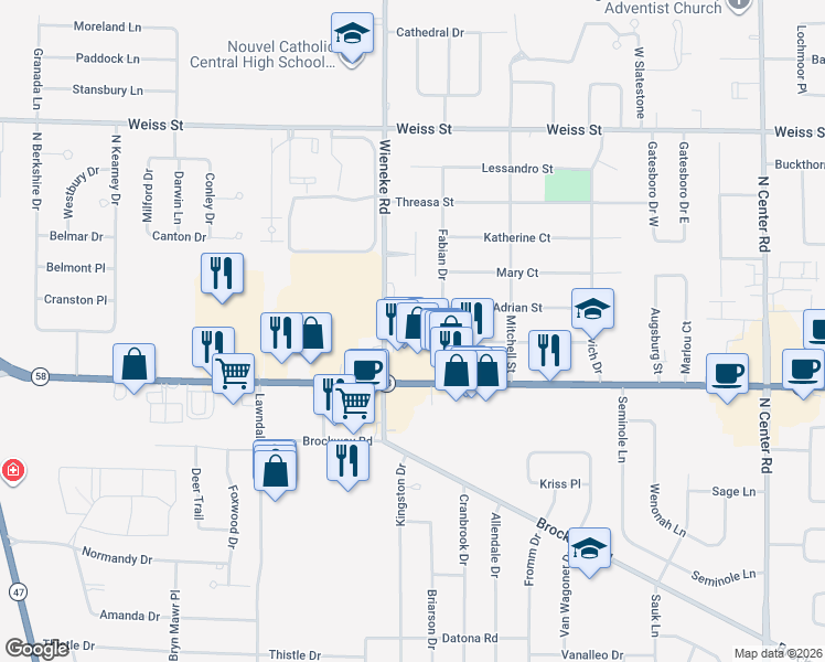 map of restaurants, bars, coffee shops, grocery stores, and more near 5696 George Street in Saginaw
