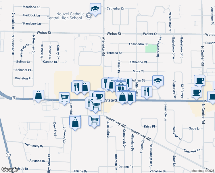 map of restaurants, bars, coffee shops, grocery stores, and more near 5696 George Street in Saginaw