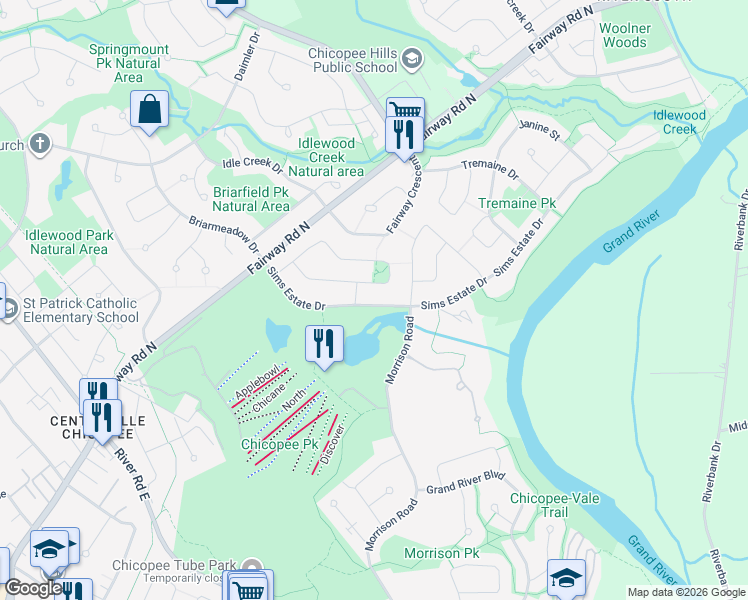 map of restaurants, bars, coffee shops, grocery stores, and more near 159 Sims Estate Drive in Kitchener
