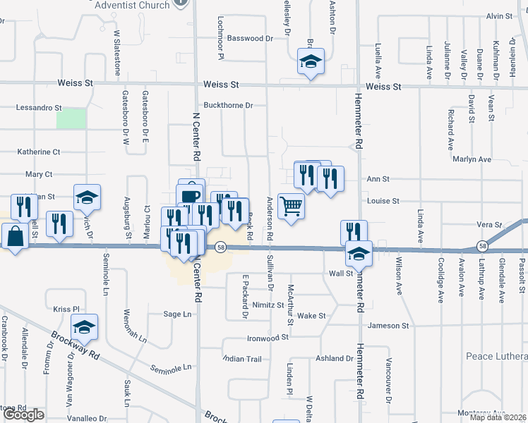 map of restaurants, bars, coffee shops, grocery stores, and more near 2111 Anderson Rd in Saginaw Charter Township