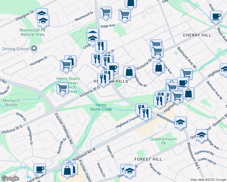 map of restaurants, bars, coffee shops, grocery stores, and more near 100 Westmount Road West in Kitchener