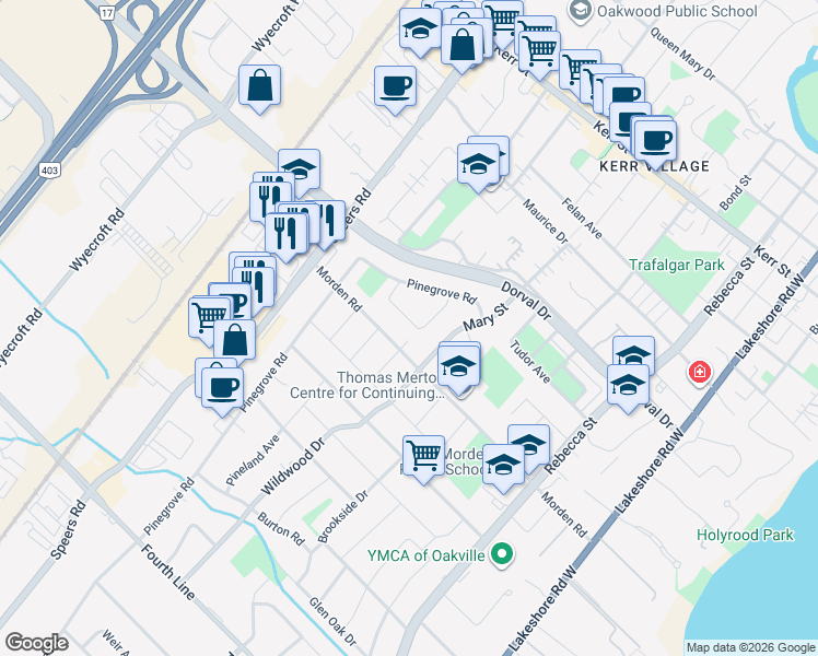 map of restaurants, bars, coffee shops, grocery stores, and more near 341 Morden Road in Oakville