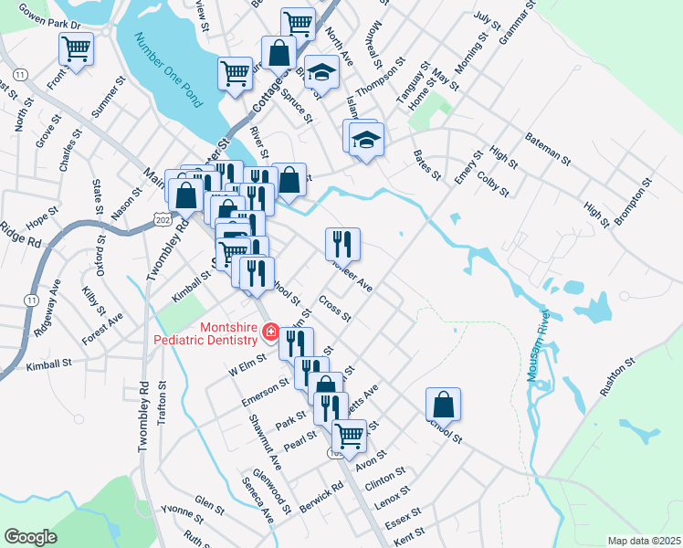 map of restaurants, bars, coffee shops, grocery stores, and more near 47 Elm Street in Sanford