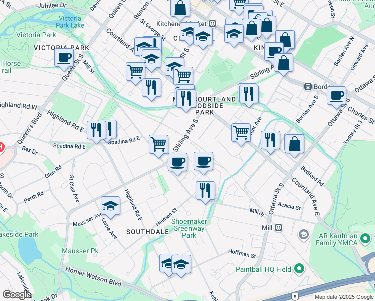 map of restaurants, bars, coffee shops, grocery stores, and more near 329 Stirling Avenue South in Kitchener