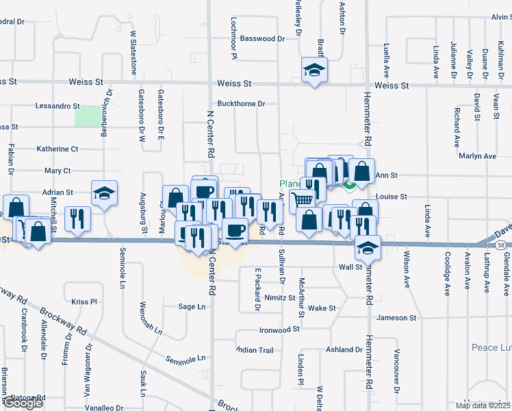 map of restaurants, bars, coffee shops, grocery stores, and more near 2111 Bock Road in Saginaw