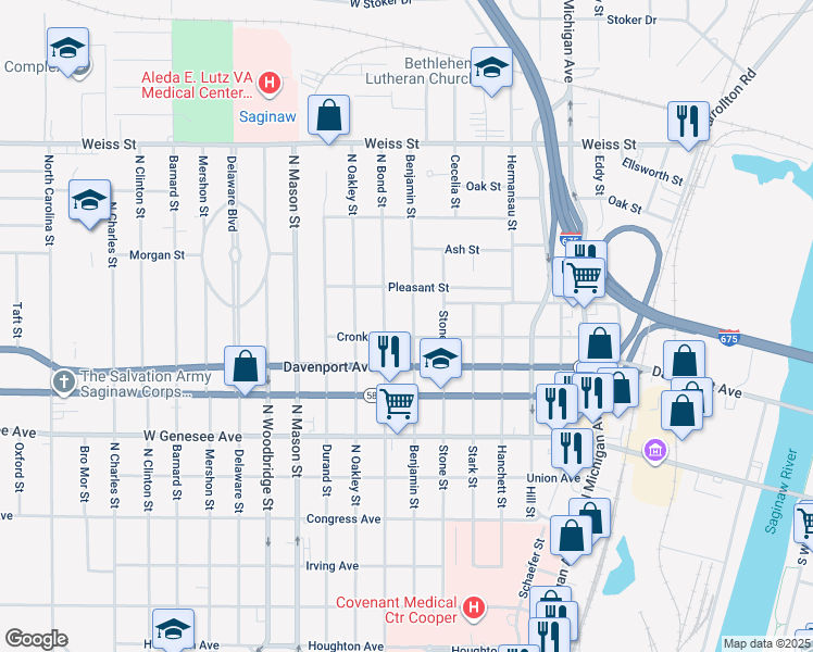 map of restaurants, bars, coffee shops, grocery stores, and more near 2307 Benjamin St in Saginaw
