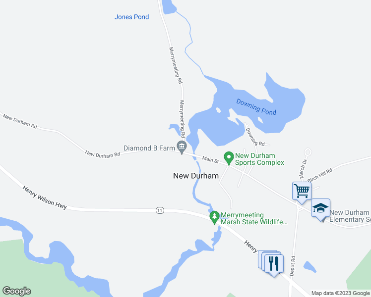 map of restaurants, bars, coffee shops, grocery stores, and more near 57 Main Street in New Durham