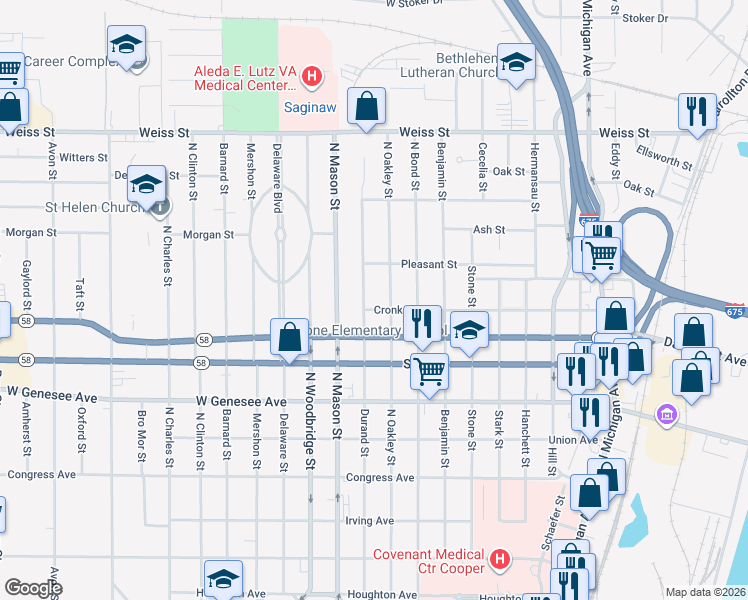 map of restaurants, bars, coffee shops, grocery stores, and more near 2308 Durand Street in Saginaw