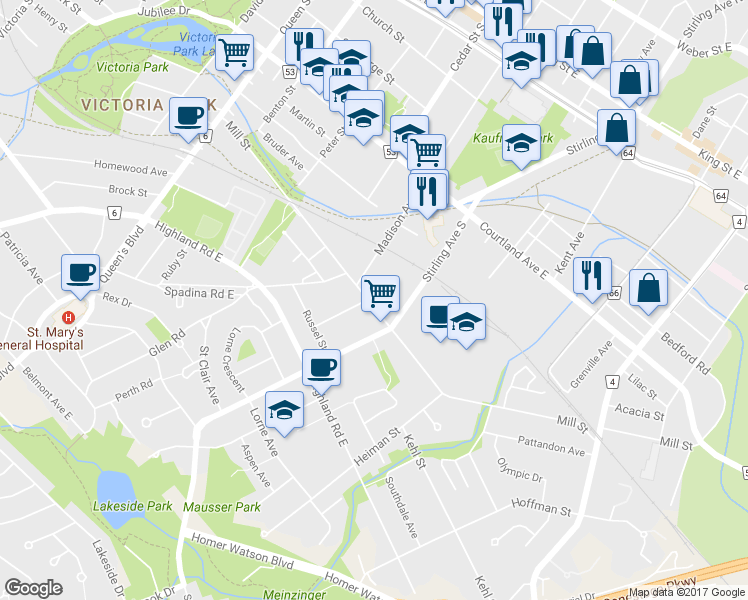 map of restaurants, bars, coffee shops, grocery stores, and more near 198 Mill Street in Kitchener