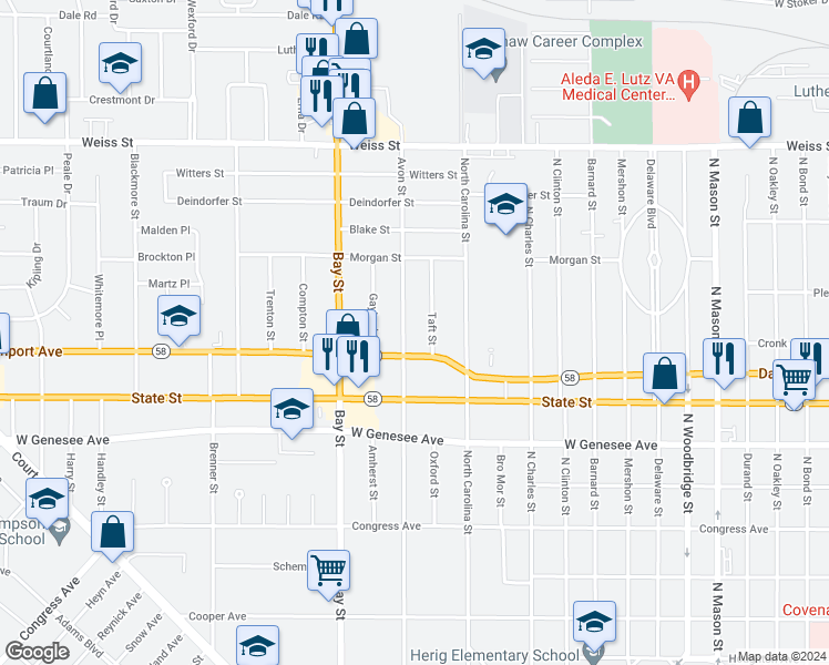 map of restaurants, bars, coffee shops, grocery stores, and more near 2220 Avon Street in Saginaw