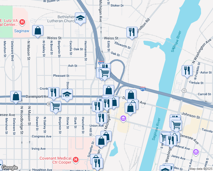map of restaurants, bars, coffee shops, grocery stores, and more near 2308 North Michigan Avenue in Saginaw