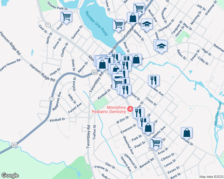 map of restaurants, bars, coffee shops, grocery stores, and more near 12 Kimball Street in Sanford