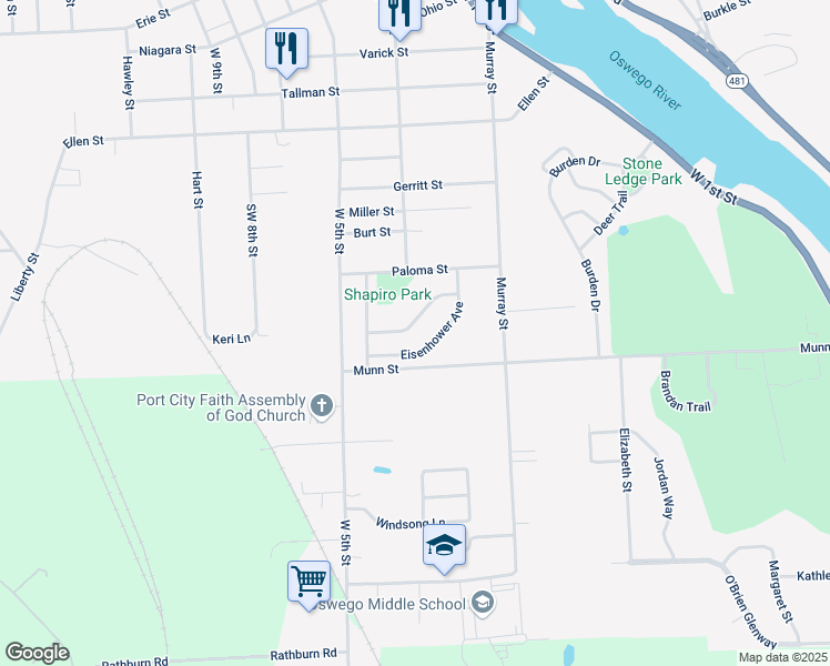 map of restaurants, bars, coffee shops, grocery stores, and more near 34 Kennedy Ave in Oswego